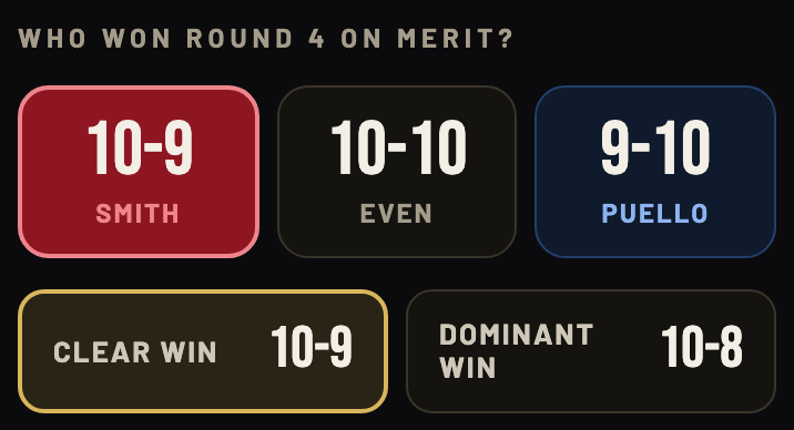Who won round 4: 10-9 Smith selected, with Clear win 10-9 and Dominant win 10-8 below.
